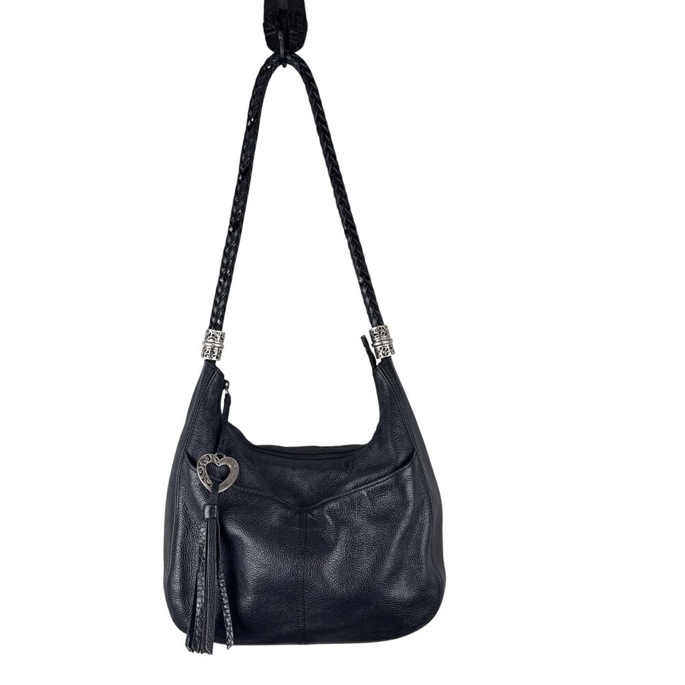 Brighton Barbados Zip Top Hobo Bag Purse Black Pebbled Leather Pockets Bag Charm